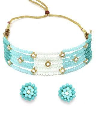 Karatcart Light Blue and White Crystals Beaded Kundan Choker Necklace Set for Women